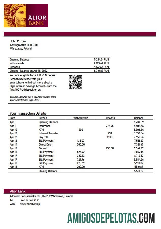 Poland Alior modelo de extrato bancário